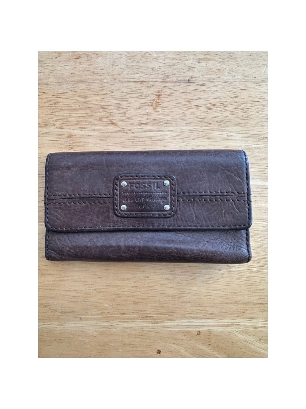 Fossil Long Live Vintage 1954 Brown Leather Trifold Wallet Jacquard